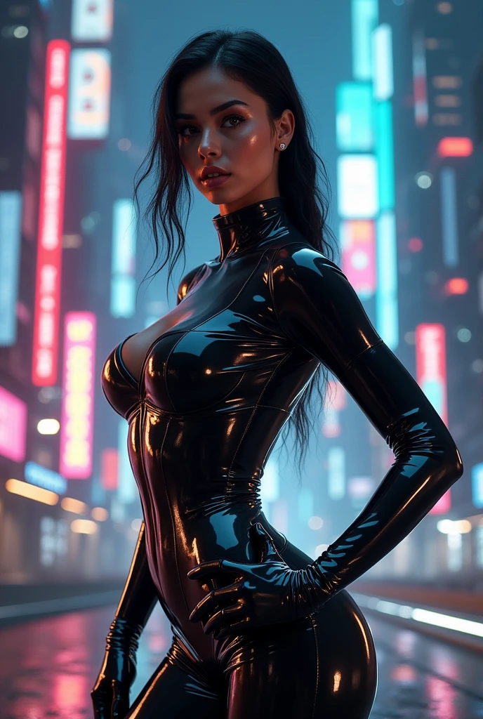 there is a woman in a latex outfit posing for a picture, wearing black latex outfit, latex outfits, cyberpunk glossy latex suit, wearing atsuko kudo latex outfit, oppai cyberpunk, black latex suit, wearing latex, futuristic glossy latex suit, black latex, latex shiny, officer, dressed in black leather, latex domme, latex dress, in cyberpunk city