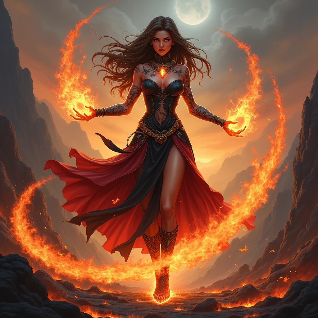 Create a female pyromancer, brown haired, com manto vermelho e preto com magia de fogo baseado no mundo de d&d