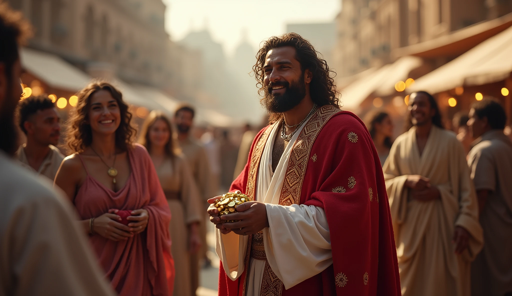 Crie uma imagem hiper-realista e misteriosa de Solomon em uma grande praça pública, where he is distributing gifts and gold coins to the citizens gathered around him. Solomon, dressed in a white linen tunic and a richly ornamented red cloak, smiles while interacting with people, who are visibly grateful and happy. Ao fundo, the city market is in full swing, representing the prosperity resulting from their generosity. Soft evening light illuminates the scene, creating an atmosphere of joy and unity, which symbolizes the fifth secret: the practice of generosity to create a cycle of prosperity.