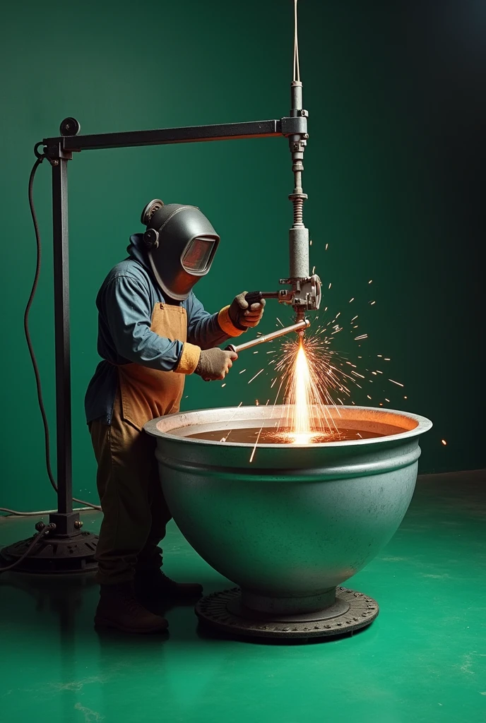 The image shows a person performing a welding task. The setup includes a welding machine and a piece of metal placed over a large bowl of water. The person is holding the welding torch near the metal.
Here is an English prompt based on the image:
"A person is welding a piece of metal placed over a large bowl filled with water, using a welding machine on a green surface."