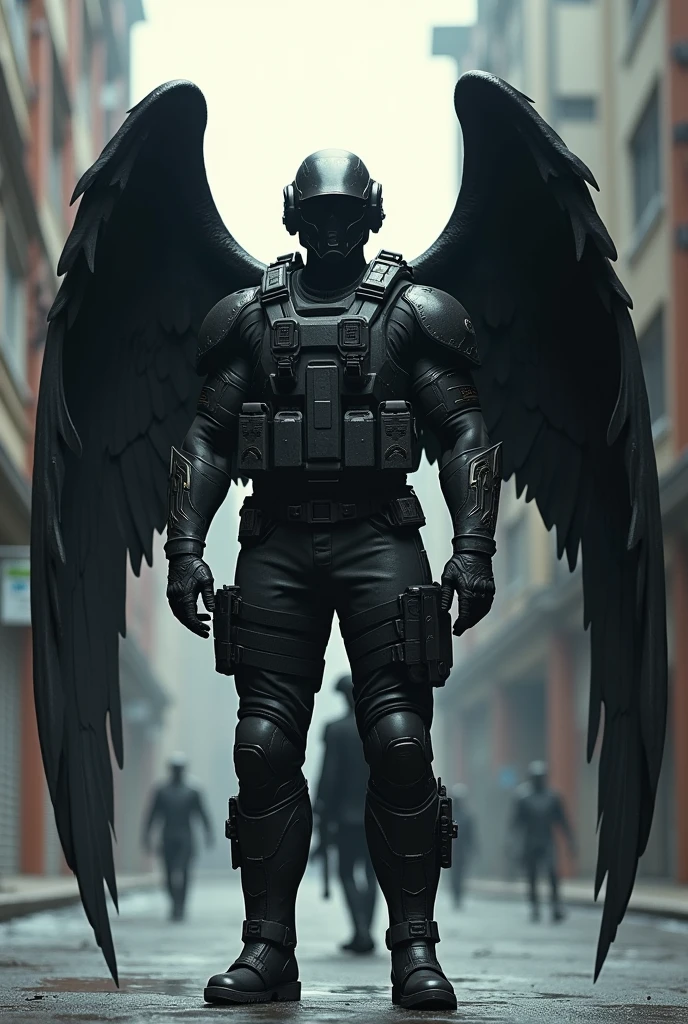 Soldier next to a 2'90m attractive man in heavy black tactical military gear who has black wings on his back shows the difference in sizes