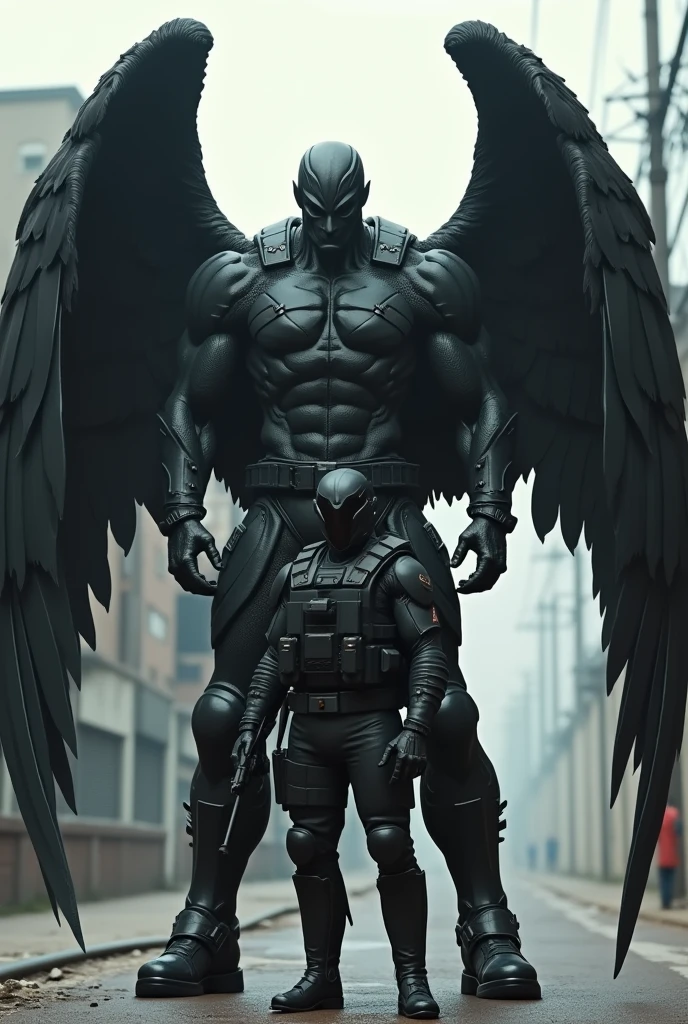 Soldier next to a 2'90m attractive man in heavy black tactical military gear who has black wings on his back shows the difference in sizes