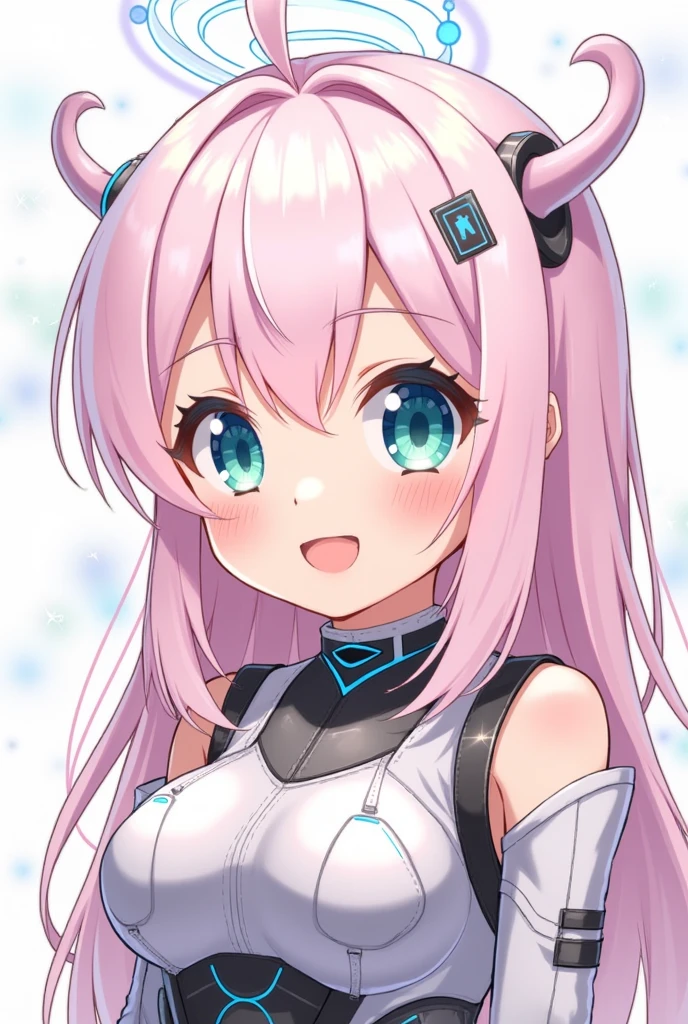 Anime human girl, a young girl with a halo shaped like a moon, light pink hair, and two different colored eyes. Her outfit is cyber-style but modern, and she has a cheerful smile.