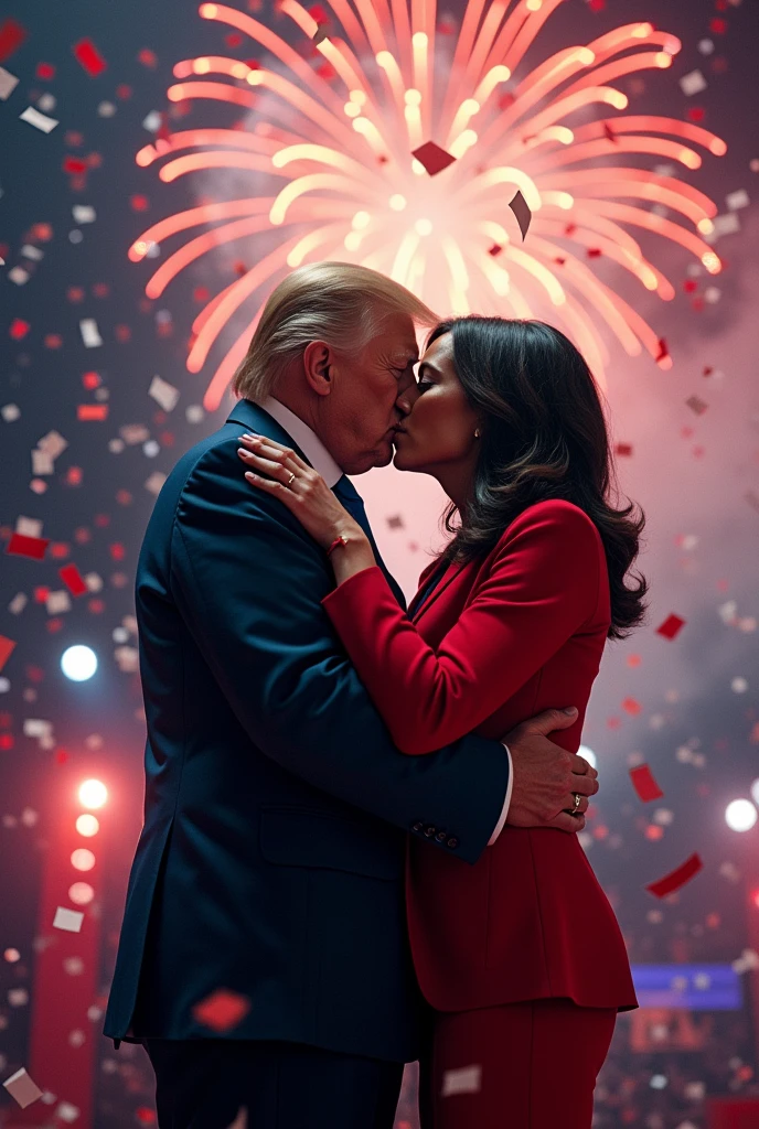 Donald Trump kissing Kamala Harris at the debate with confetti floating all around and fireworks 