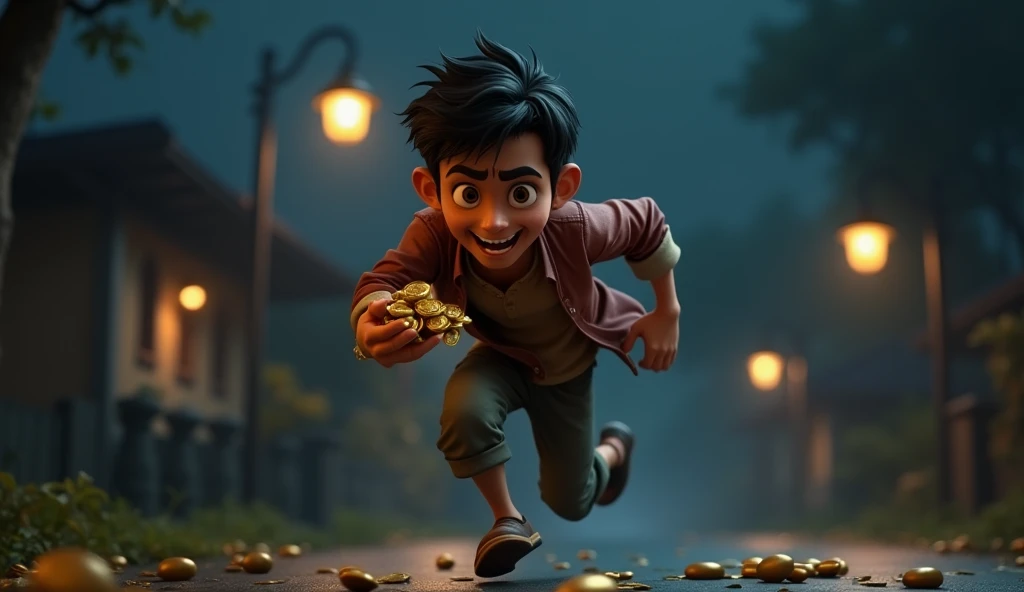 In 3D animation style:**Ramesh running home in the dead of night**, clutching a few gold coins tightly, with a mixture of excitement and fear on his face.