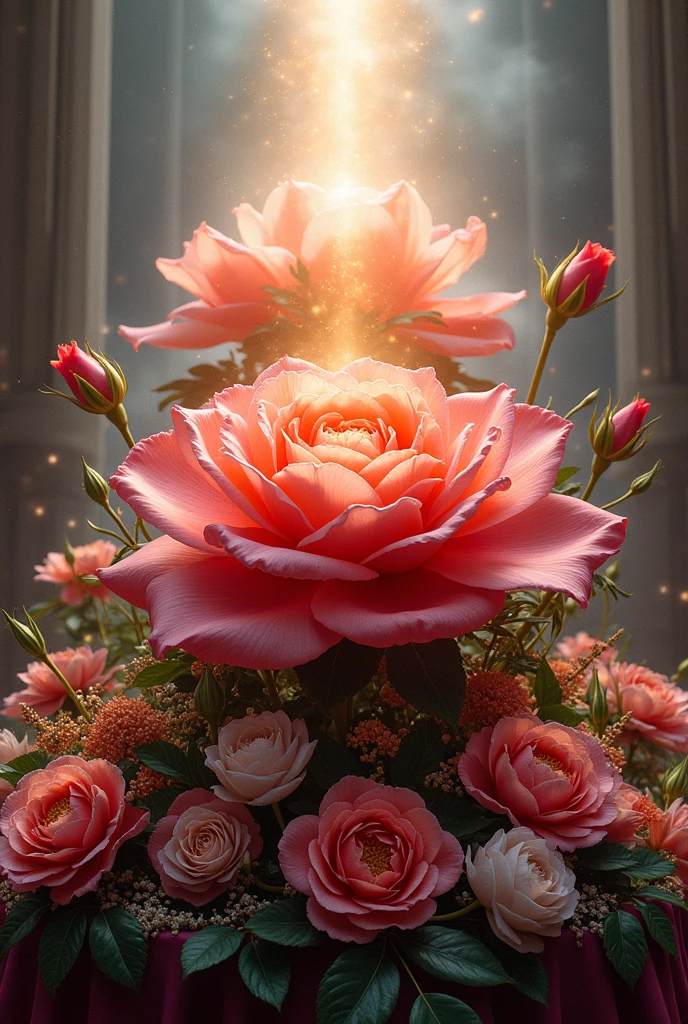 Make me a large flower arrangement with many beautiful flowers with the title of God's glorious rose