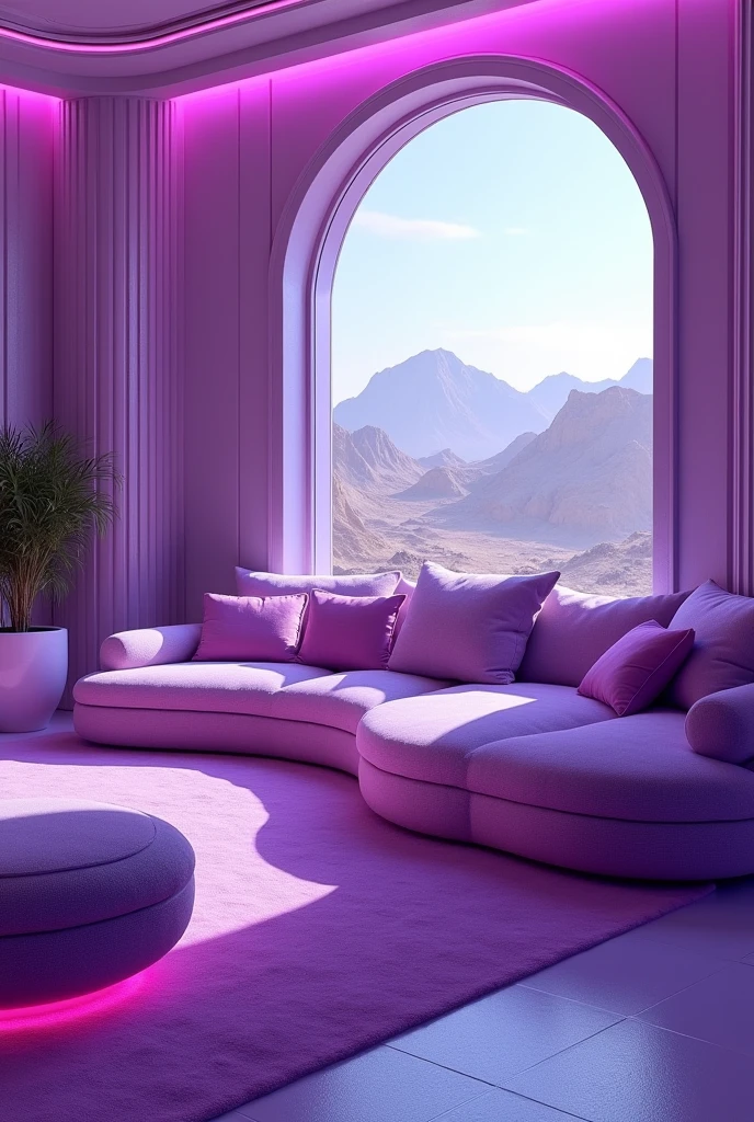a purple sofa in a room with a large window and a view of the mountains, bright purple room, purple ambient light, purple volumetric lighting, cool purple lighting, purple space in the background, purple color lighting, soft neon purple lighting, conversation pit, purple accent lighting, purple lighting, in a futuristic palace in the desert, Purple scene lighting, virtual metaverse room