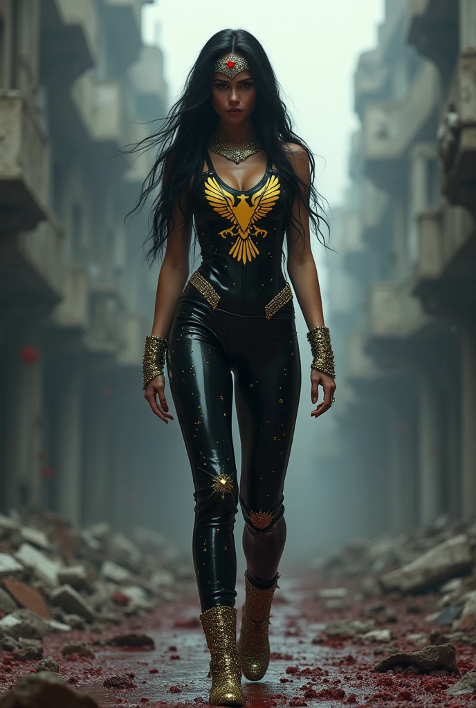 A beautiful woman with long black hair wearing a black leather top with a yellow eagle-like emblem on her chest with black jeans, ripped leather boots and gold bracelets, a silver headband with a red star on her forehead, screaming exhausted after an extensive battle, blood all around her in a cold and dark apocalyptic city, bloody and scary images