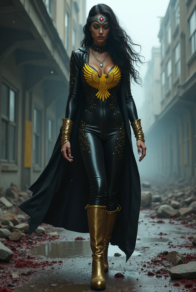 A beautiful woman with long black hair wearing a black leather jumpsuit with a yellow eagle-like emblem on her chest. Her outfit has many tiny stars all over her outfit. She wears gold boots and bracelets. She wears a silver headband with a red star on her forehead. She screams exhausted after an extensive battle. Blood all around her in a cold, dark apocalyptic city. Scary, bloody images.