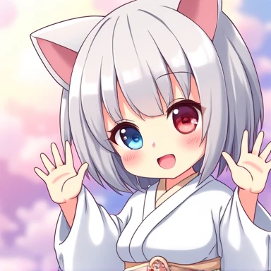 One Woman,Gray Hair,Cat ear,((Chibi Character)) Heterochromia iridis,Red eyes,,White kimono,wave hands,bye bye,smile,Enter your text in the bottom right corner of the fantasy image,A very popular font,