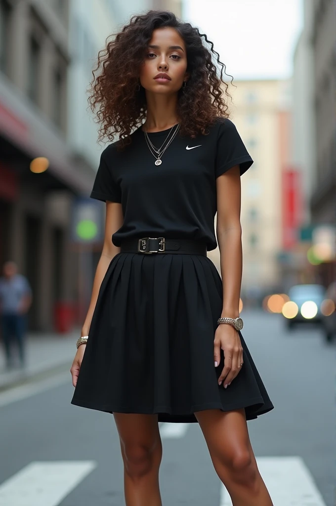 One who has a black skirt and a black top with Nike sneakers, black hair and curly hair and brunette
