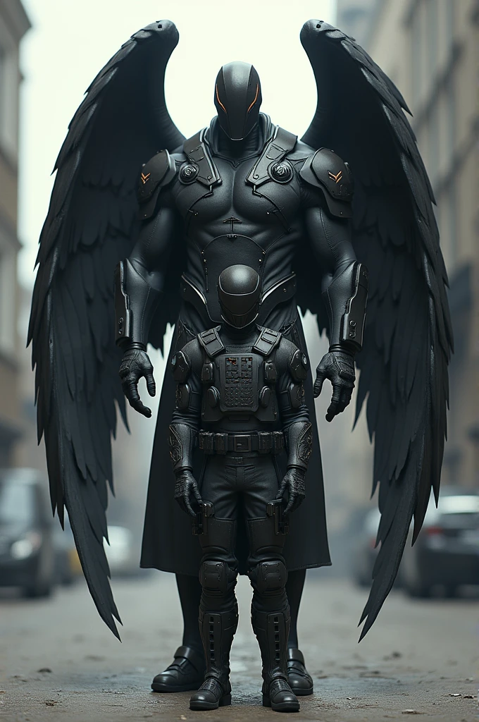 Soldier next to a 2'90m attractive man in heavy black tactical military gear who has black wings on his back shows the difference in sizes