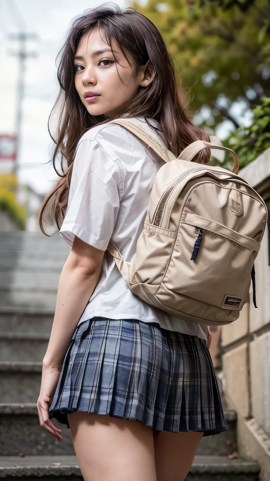 (High school girl climbing the stairs:1.2、Carrying a backpack)、((school uniform、White blouse、(Navy blue checkered pleated skirt:1.2)、Navy blue socks、loafers、Detailed white panties)、(Rear view、View from directly below)、(Realistic、Like a photograph、Live Action、8k, Realistic, RAW Photos, Best image quality: 1.4), Single-lens reflex camera、RAW Photos, Highest quality, Realistic, Highly detailed CG Unity 8k wallpaper, Written boundary depth, Cinematic Light, Lens flare, Ray Tracing, Realistic background、((Ultra-Dense Skin))、 After School、(whole body:1.5)、(Long Hair:1.2、Hair blowing in the wind:1.4)、I like that style、stylish、Very detailed、Pay attention to the details、Perfect outfit、(Sunburned skin)、Rear View、Accurate hands、Accurate legs、Detailed hands and fingers、Anatomically correct body、Thin legs、Thin thighs、Small breasts、Very detailedな顔