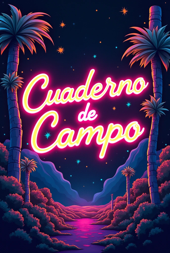 Create a cover image that says "Field notebook"(in Spanish) with neon style decorations 