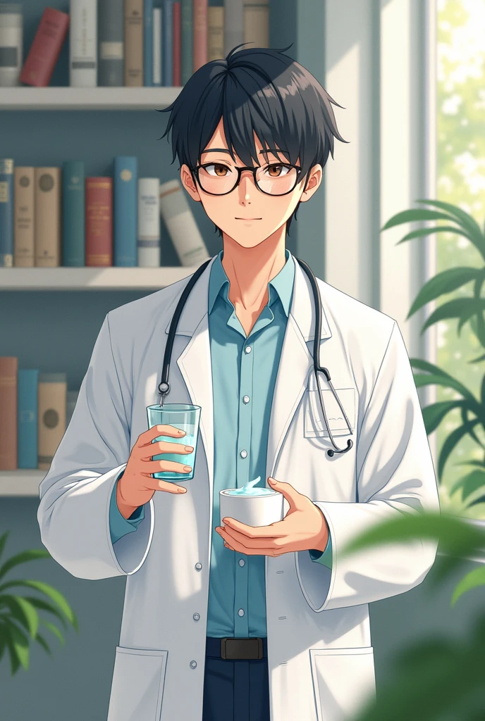 Raise a 28 year old boy,  in a white coat, glasses, holding a glass of water in his left hand, and in his right hand a pot of white medicine. in the background a bookshelf with books. White wall with green details