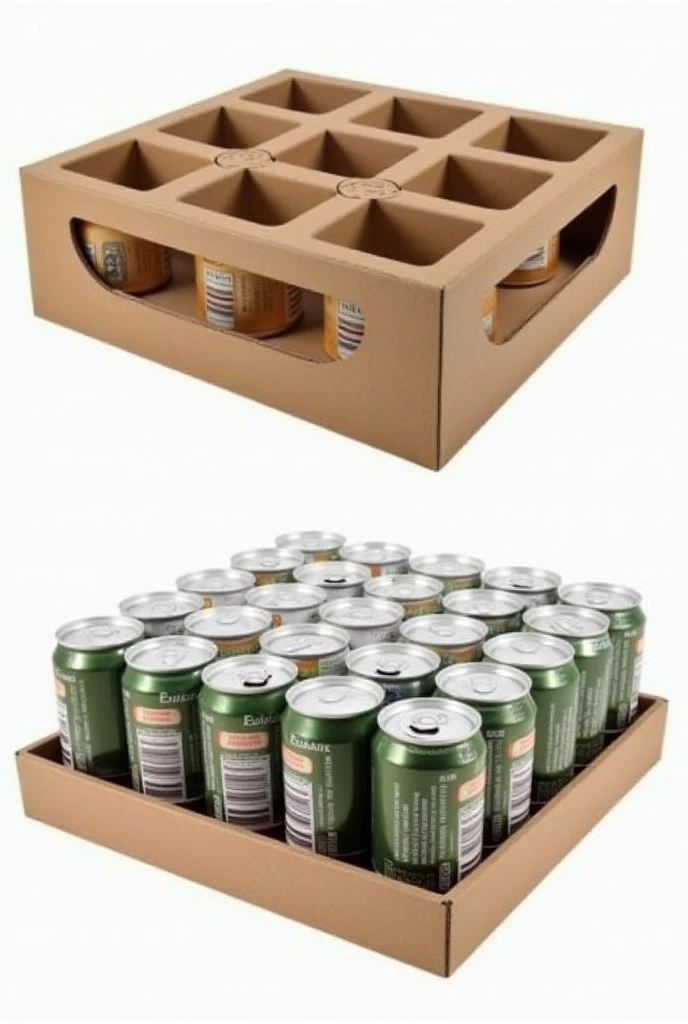 Cardboard tray for 24 cans distributed in 2 levels of 12 cans each with heat shrinkable plastic