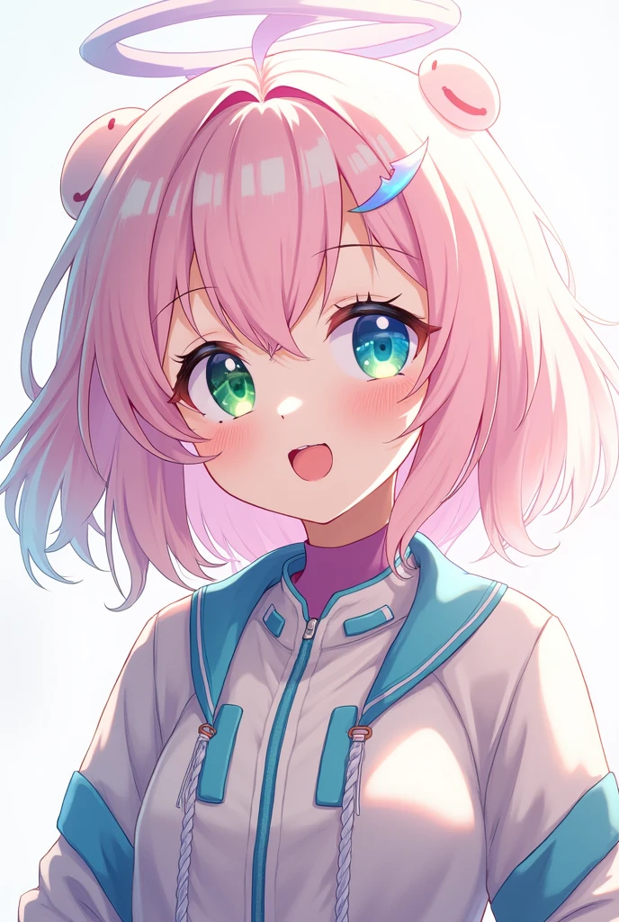 Anime human girl, a young girl with a halo shaped like a moon, light pink hair, and two different colored eyes. Her outfit is cyber-style but modern, and she has a cheerful smile.