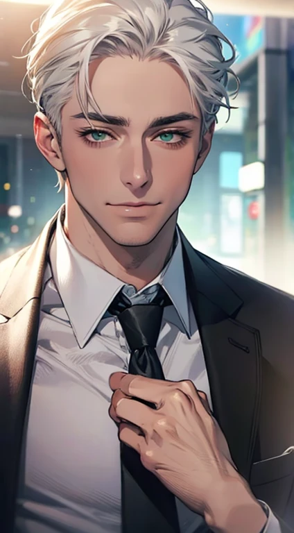 (Highest quality,4K,8K,High resolution,masterpiece:1.2),Super detailed,(Realistic,photoRealistic,photo-Realistic:1.37),1 personld,Mature Men,Beautiful skin、very handsome,Expressionless smile in love,Short white hair,green eyes,Sharp Eyes,A perfect face without a doubt,Businessman, CEO, Office Background,Cinema Lighting,HDR image,tie、