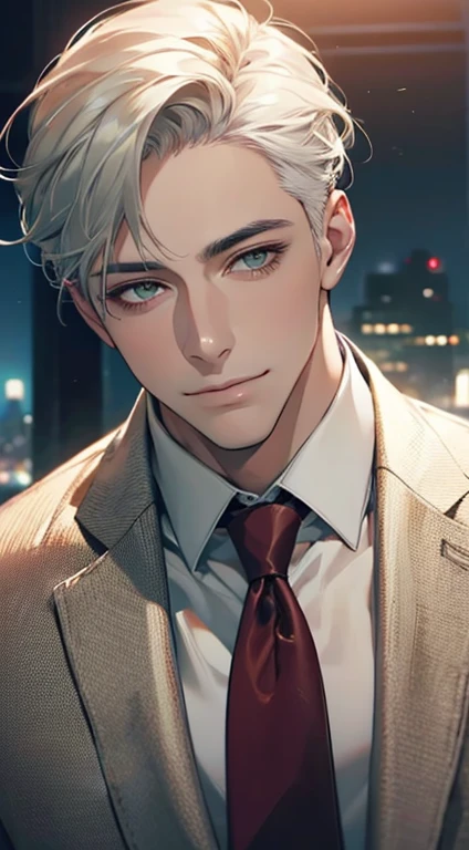 (Highest quality,4K,8K,High resolution,masterpiece:1.2),Super detailed,(Realistic,photoRealistic,photo-Realistic:1.37),1 personld,Mature Men,Beautiful skin、very handsome,Expressionless smile in love,Short white hair,green eyes,Sharp Eyes,A perfect face without a doubt,Businessman, CEO, Office Background,Cinema Lighting,HDR image,tie、