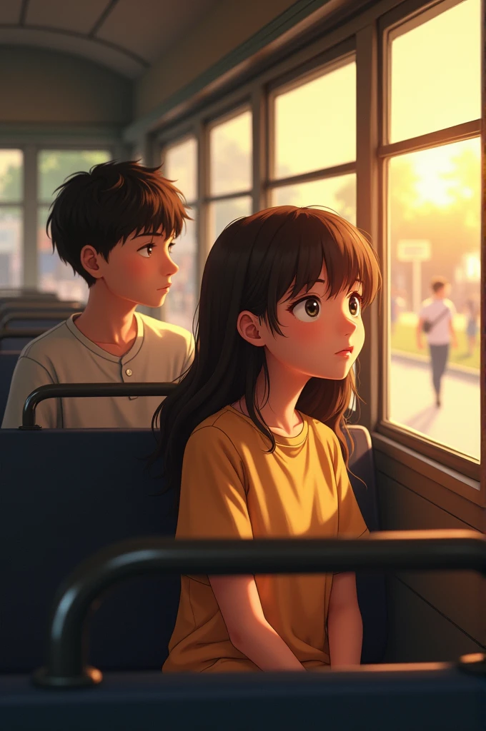 A girl in the front sit of school bus and a boy just backside of the girl watching the girl with love 