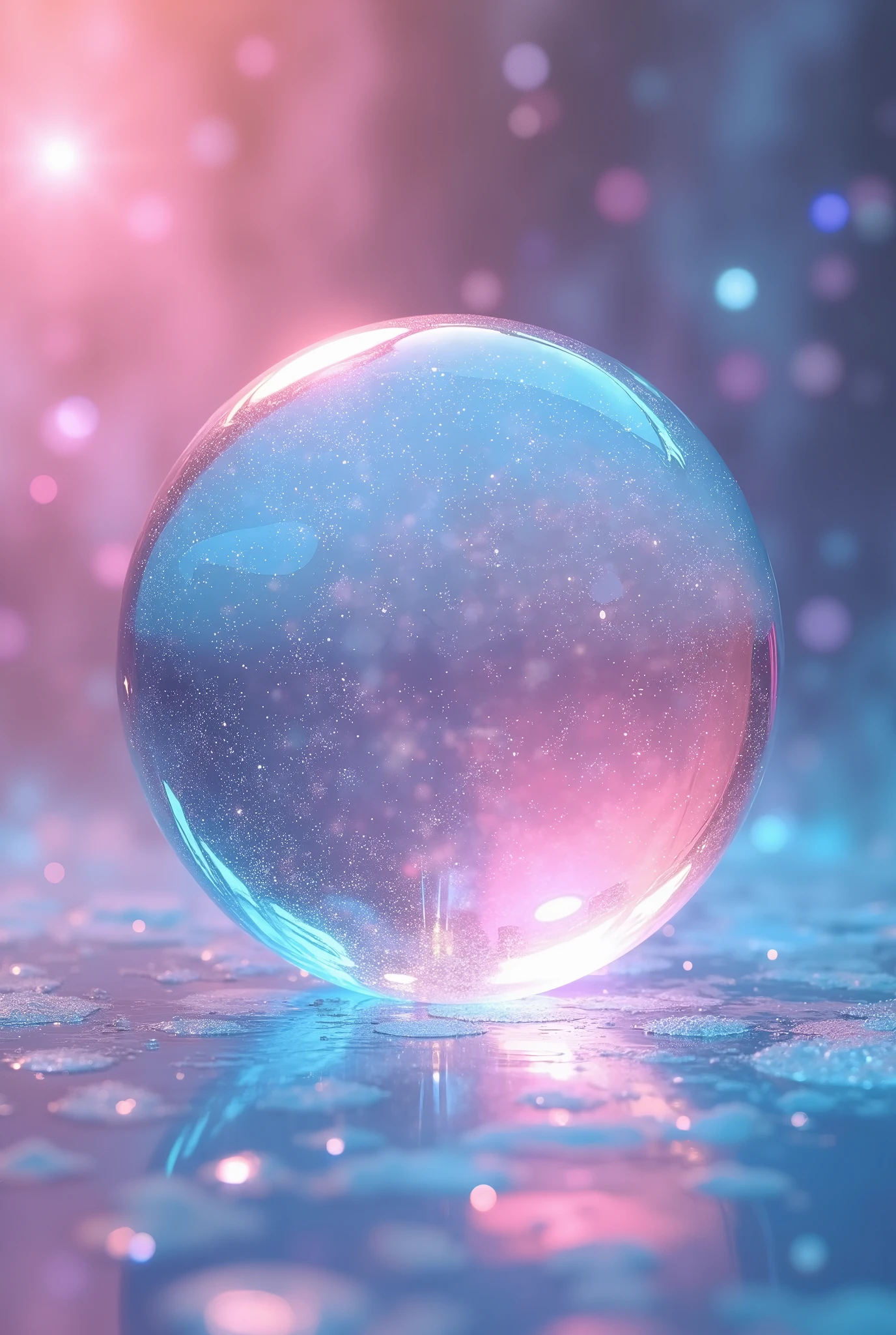 Create a bubble made of pink-blue crystal (hologram effect), glass material, soft glow, beautiful bright hologram background