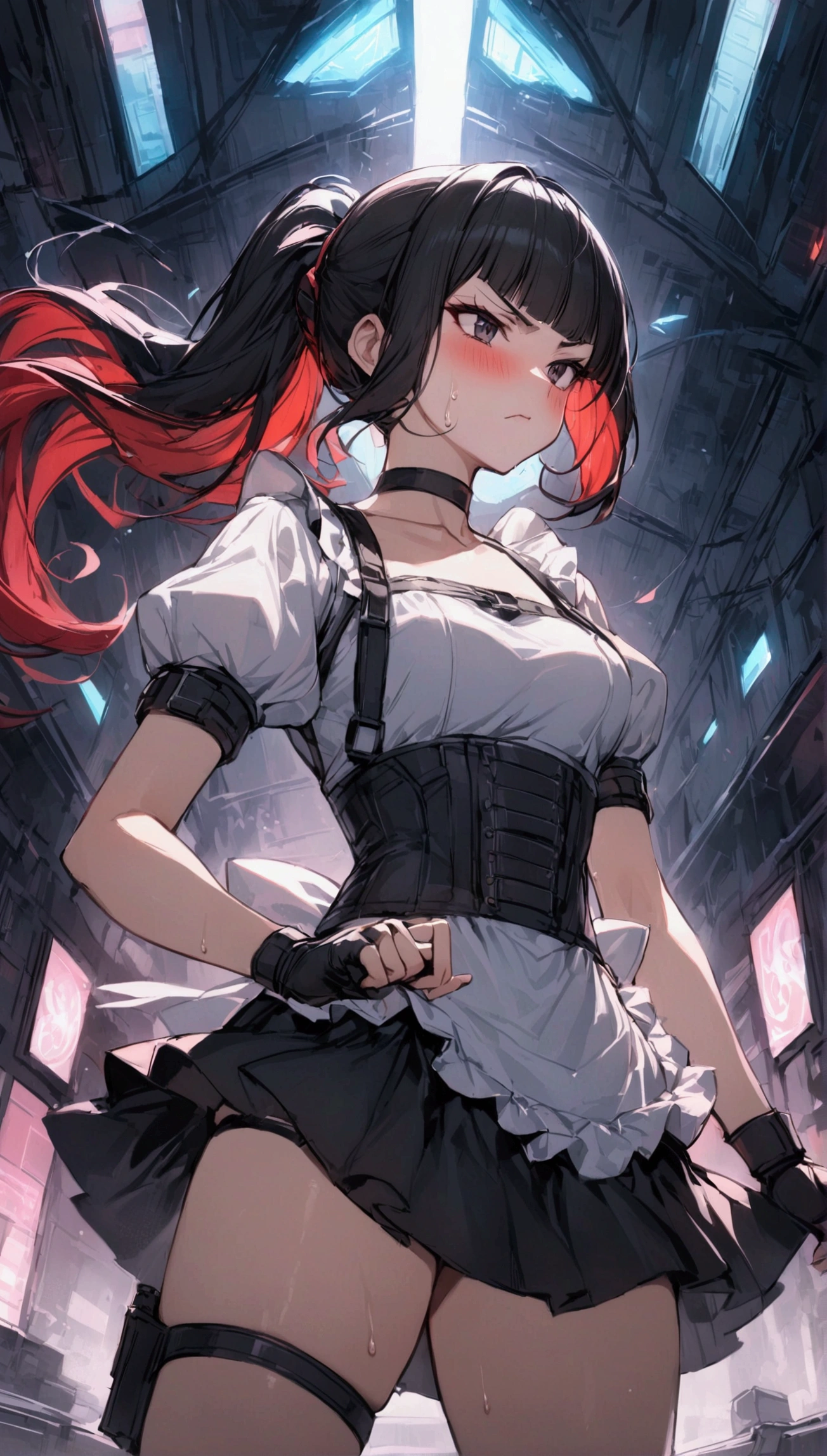 Focus on the thighs.,from below,from side,cowboy shot,1girl solo,Female fighter ,maid outfit, ,{{White frilled apron:1.6}},collarbone, {{white puff sleeves:1.4}}, {{White short-sleeved puff-sleeved blouse:1.6}},,black shoulder straps, black corset, black skirt, blunt bangs, black choker. Dynamic composition,dutch angle,fighting stance,{{fight}},{{masterpiece}}, {{{Highest quality}}},{{Very detailed}},holster ,Fight,,{{v-shaped eyebrows}},Bad mood,blush,Sweat,raise one's eyebrows ,Black hair Long hair,Blunt bangs ,Red hair band,cyberpunk ,Black fingerless gloves ,ponytail,Training area,Indoor