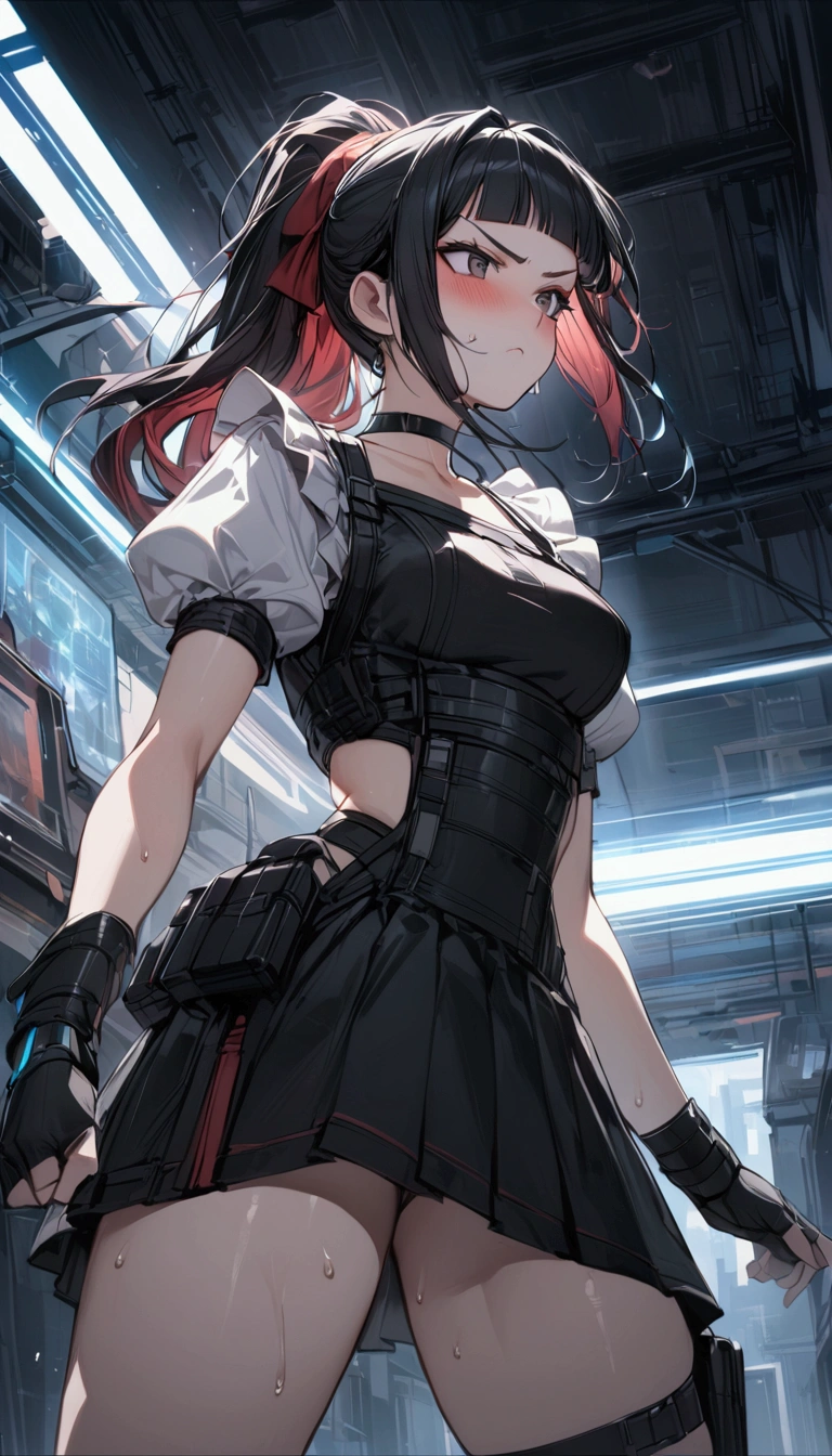 Focus on the thighs.,from below,from side,cowboy shot,1girl solo,Female fighter ,maid outfit, ,{{White frilled apron:1.6}},collarbone, {{white puff sleeves:1.4}}, {{White short-sleeved puff-sleeved blouse:1.6}},,black shoulder straps, black corset, black skirt, blunt bangs, black choker. Dynamic composition,dutch angle,fighting stance,{{fight}},{{masterpiece}}, {{{Highest quality}}},{{Very detailed}},holster ,Fight,,{{v-shaped eyebrows}},Bad mood,blush,Sweat,raise one's eyebrows ,Black hair Long hair,Blunt bangs ,Red hair band,cyberpunk ,Black fingerless gloves ,ponytail,Training area,Indoor