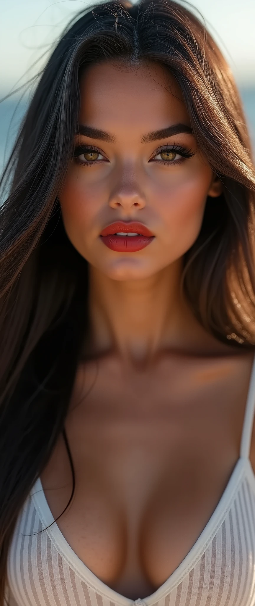 Straight shiny dark brown hair, Kylie Quinn, realistic, (RAW photo), (realism: 1.8), (gloss red lipstick, many eyelashes, dark black eye shadow, shy, blushing, high quality, high resolution, realistic sea beach , chromatic aberration, caustic, wide light, realistic dark fair glossy skin, deep skin texture, skin detailing, (21 year old woman), stylish girl, womens pent, t-shirt, lots of exposure, nice pose, visible 8k resolutions,