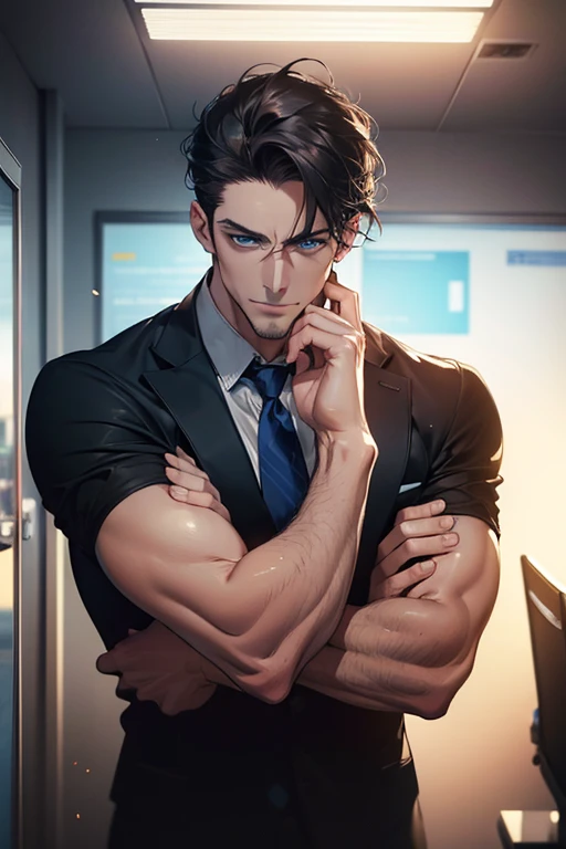 (Best Quality,4k,8k,high resolution,Masterpiece:1.2),ultra detailed,(realist,photorealist,photo-realist:1.37),1 man,31 years,mature man,very handsome,without expresion,muscled body,short gray black hair,Blue eyes,glare,perfect face without mistakes,imposing posture,businessman,office background,cinematic lighting,imagen HDR