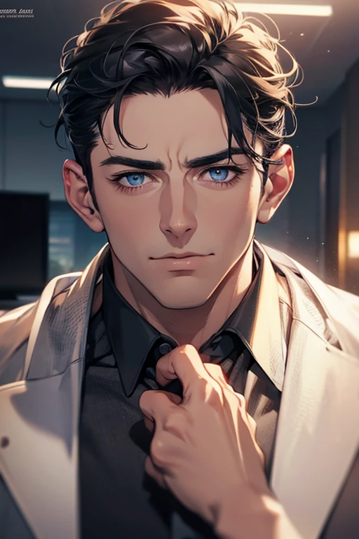 (Best Quality,4k,8k,high resolution,Masterpiece:1.2),ultra detailed,(realist,photorealist,photo-realist:1.37),1 man,31 years,mature man,very handsome,without expresion,muscled body,short gray black hair,Blue eyes,glare,perfect face without mistakes,imposing posture,businessman,office background,cinematic lighting,imagen HDR