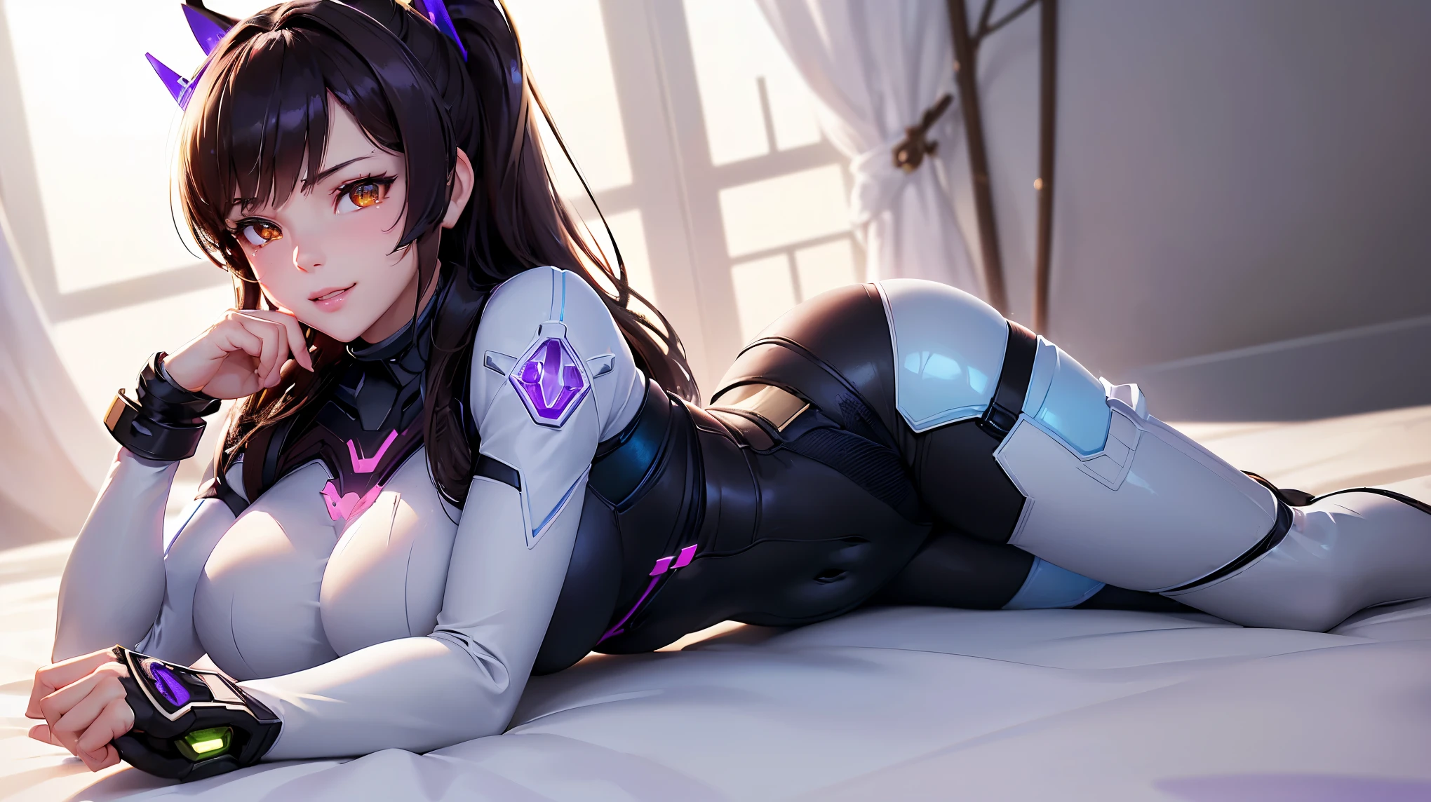 (masterpiece), (best quality), (intricate details), high resolution, visually stunning, sidelighting, (((amber eye colour which glow)), deep shadow, nothing but white background, (Dva from overwatch), (wearing a jumpsuit which is predominantly light blue, with a bit of black and purple on the sides), brown hair, heart-shaped pupils, , seductive smile, cinematic lighting, sparkle, ray tracing, backlighting, ((super shiny face)), thick thighs with skinny body, (winking at pov), (Lying down horizontally),