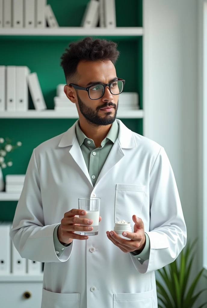 Create a 28 year old Brazilian guy,  in a white coat, glasses, holding a glass of water in his left hand, and in his right hand a pot of white medicine. in the background a bookshelf with books. White wall with green details