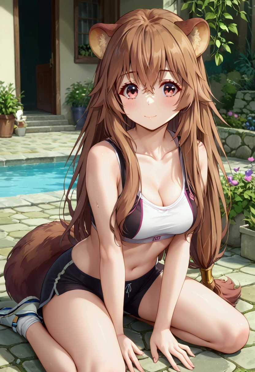  score_9,score_8,  (((perfect face))), (medium breasts), focus breasts, full body view, {looking at viewer},(brown hair), (bangs), (long hair), (animal ears), (raccoon ears), (raccoon girl), (raccoon tail), 1girl, raphtalia, (pink eyes), (detailed eyes), (perfect Eyes), garden, cleavage, outdoors, Yogapants:1.5, sport bra, white top, 