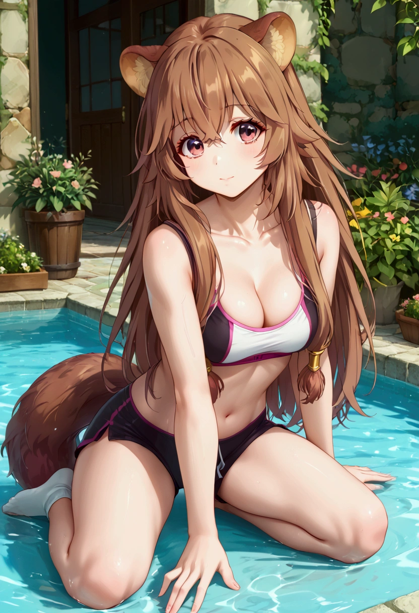 score_9,score_8, (((perfect face))), (medium breasts), focus breasts, full body view, {looking at viewer},(brown hair), (bangs), (long hair), (animal ears), (raccoon ears), (raccoon girl), (raccoon tail), 1girl, raphtalia, (pink eyes), (detailed eyes), (perfect Eyes), garden, cleavage, outdoors, Yogapants:1.5, sport bra, white top,