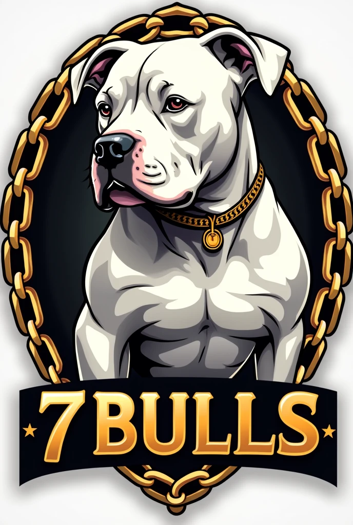 
"Generate an eye-catching logo for an exotic American Bully breeder, micro size. The dog must be muscular, exotic white color , with short snout, well-marked forehead and cropped ears like a pitbull. The body should resemble that of an English bulldog., but with extra defined muscles. The logo should include gold chains for a luxurious touch.. The name of the breeder is &#39;7K Bulls&#39; and must be written prominently in a stylish font. The predominant colors should be gold and rich tones that stand out."