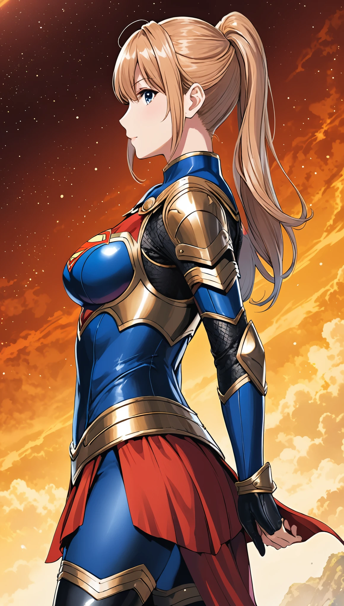 in style of Arthur Adams
 (1 girl character concept design),Above the knee shot,from side,bikini_armor,see through fullbodystocking under the armor,(arm_held_back,gravure_pose:1.8),high ponytail,incredibly long hair，
BREAK
(stand sideways:2.8),(uper facing the viewer:1.9)