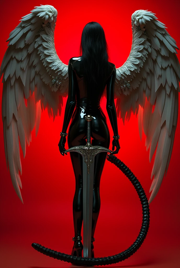 A striking, low-light photo of a futuristic angel woman, adorned in a black gold chrome bodysuit that sparkles with silver accents and is embellished with crystals. Its shiny silver wings spread, creating a dramatic effect against the intense red background. In a striking pose with her back to the camera, her silver-bladed Gothic-style long sword stands firmly planted on the ground. The angel's tail and full lips. Long black hair, cute ass, her long and slender legs add the ethereal and mysterious atmosphere of this fantasy scene.