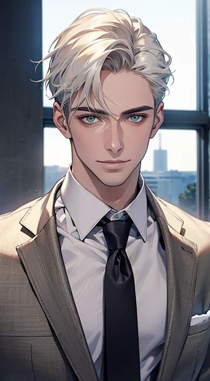 (Highest quality,4K,8K,High resolution,masterpiece:1.2),Super detailed,(Realistic,photoRealistic,photo-Realistic:1.37),1 personld,Mature Men,Beautiful skin、very handsome,Expressionless smile in love,Short white hair,green eyes,Sharp Eyes,A perfect face without a doubt,Businessman, CEO, Office Background,Cinema Lighting,HDR image,tie、