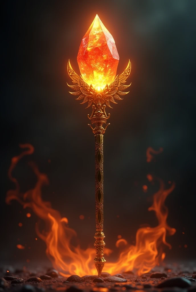 A staff with gold details, with a fire-shaped orange-red crystal at the tip, flames around him, and a black background behind it 
