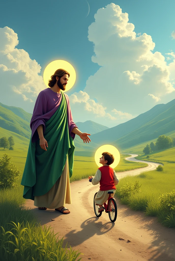 Saint Joseph standing in a green and purple outfit with a yellow halo around his head on a dirt road and in front of him his son Jesus Christ aged 10 wearing a red and white outfit with a yellow halo around his head riding a small bicycle in a sideways position with a very bright sun and clouds in the sky