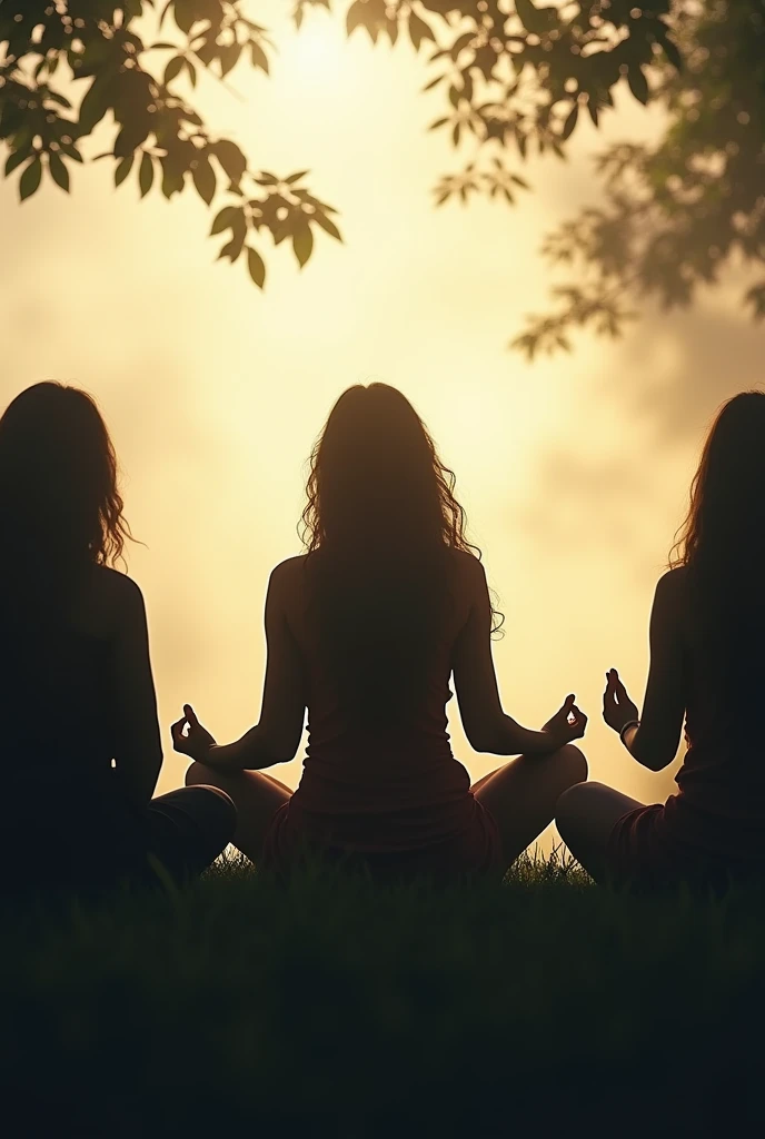 Silhouette of a 67 year old hippie bohemian woman giving meditation classes to her friends