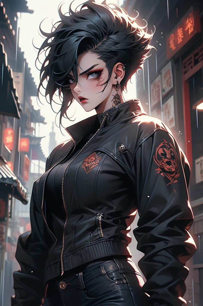 1girl, chinese, punk, rain, city, china town, leather jacket, Short haircut, leather jackets, jeans, glasses, tattoos, combat boots, rugged look, fierce eyes, toned, scars, dark makeup, piercings, menacing demeanor, athletic build, gothic jewelry, intimidating presence, sinewy strength, practical clothing.