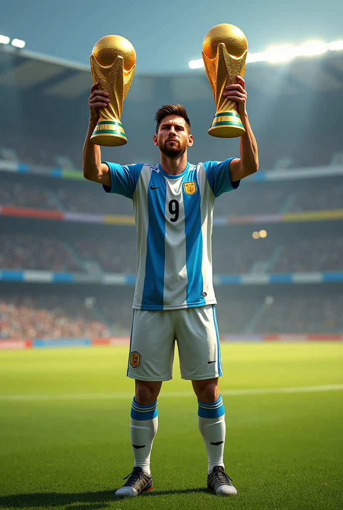 Messi carrying 2 world cups