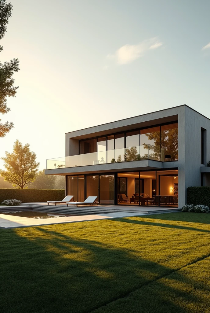A modern minimalist mansion with a unique facade, set on expansive grounds, bathed in the warm glow of the afternoon sun. The ultra-realistic image captures every intricate detail, from the sleek lines of the architecture to the shimmering reflections on the glass windows. The sun casts long shadows across the manicured lawn, creating a sense of tranquility and sophistication. The image is rendered in 8k resolution, showcasing the exquisite details and photorealistic quality.