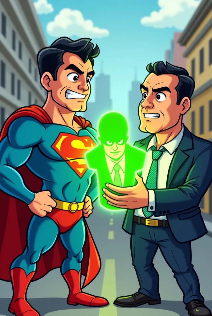 Create a cartoon of Super M with Pablo Marçal's face with M on his chest and Guilherme Boulos showing kryptonite in the shape of Alexandre de Moraes