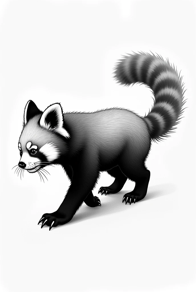 Make a tattoo design of a red panda as if it were walking, estilo Black work, black andwhite