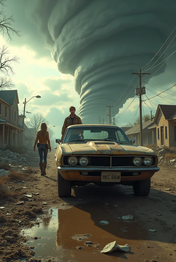 the tornado chasers Glenn Powell Daisy Edgar-Jones, car, town, destroyed, landscape