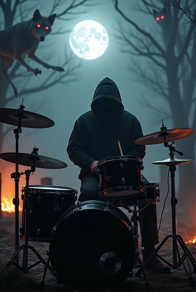 Drummer dressed as death playing his black drums in the burning forest on a moonlit night next to wolves 