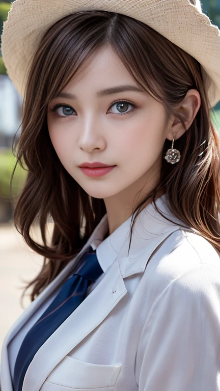 1 girl, very bright backlighting, solo, {beautiful and detailed eyes},large breasts, calm expression, natural and soft light, hair blown by the breeze, delicate facial features, Blunt bangs, beautiful russian girl,eye smile, very small earrings, 22yo, ((model pose)), Glamor body type,(half red and half brown hair,short wavy hairstyle:1.2), flim grain, realhands, masterpiece, Best Quality, photorealistic, ultra-detailed, finely detailed, high resolution,brown messy hair, perfect dynamic composition, beautiful detailed eyes, russian girl,((nervous and embarrassed)),sharp-focus, beautymix, FilmGirl,(smile),(wearing a white work suit, a tie, and a Yshirt and a white fedora hat:1.3),facing reality,(cowboy shot:1.3),model posing,look at the viewer