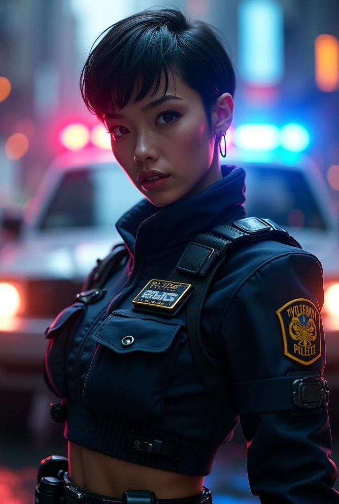 arafed woman in a police uniform posing for a picture, officer, wojtek fus, police officer, police lights shine on her face, photorrealistic concept art, ultra realistic concept art, cyberpunk 2 0 y. o model girl, police, cyberpunk art ultrarealistic 8k, wearing a police uniform, cyberpunk photo, beautiful digital artwork